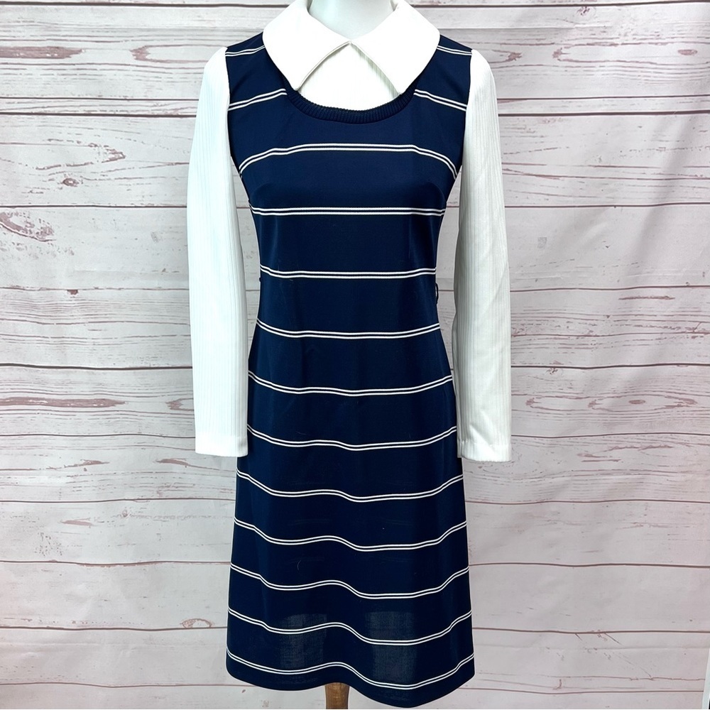 Vintage Mid Century Mod MCM Striped Peter Pan Collar Dress Brady Bunch